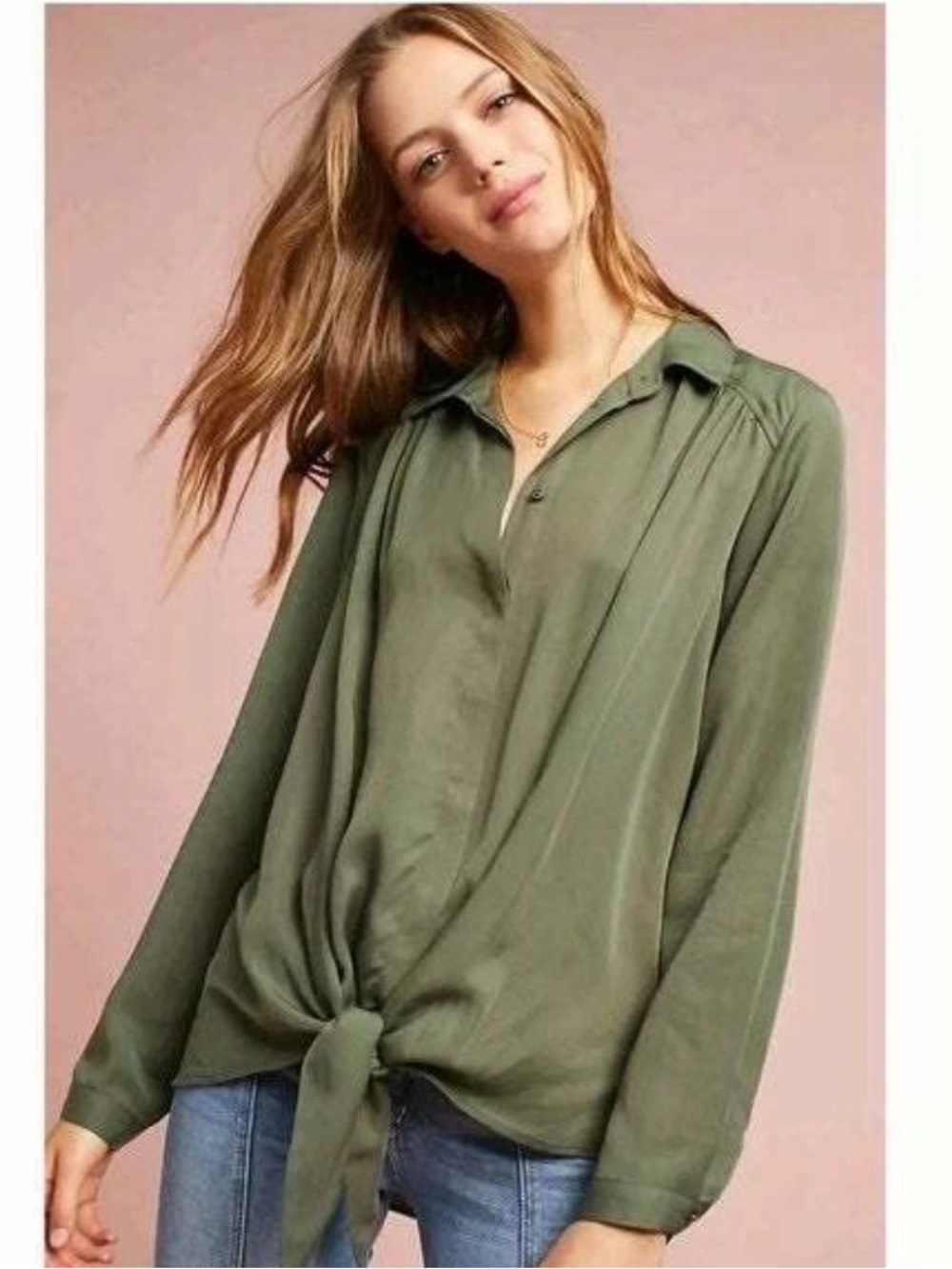 Maeve Tuesday Loose Fitting Button Down tie-front top